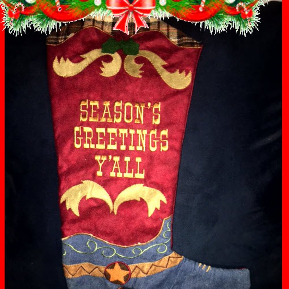 SEASON'S GREETINGS Y'ALL !! COUNTRY WESTERN CHRISTMAS STOKING QUILTED VELVET NEW